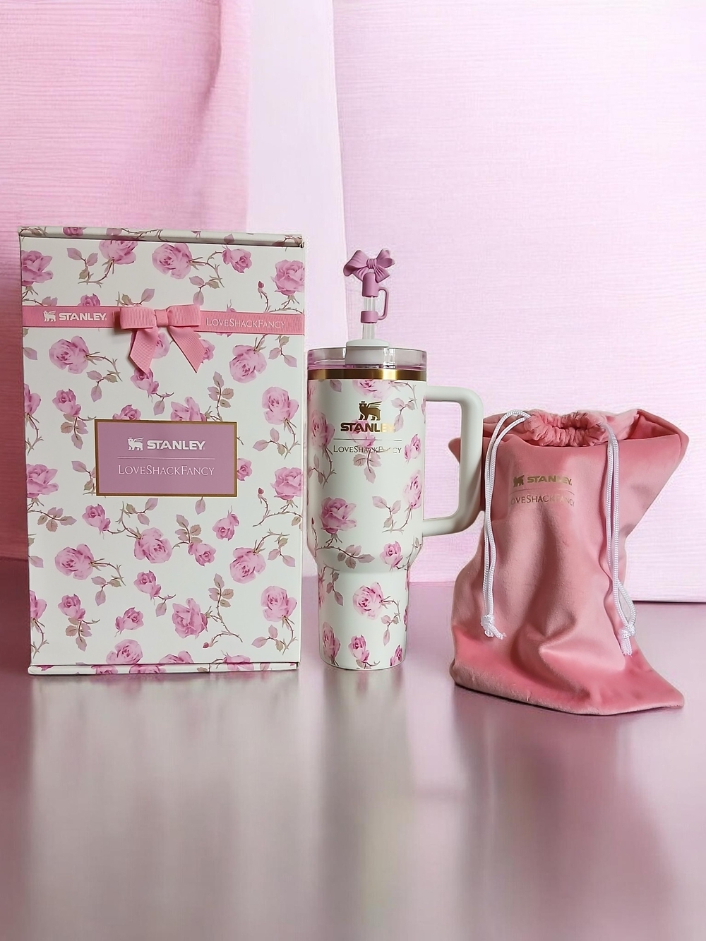 Stanley Floral Insulated Tumbler and Pink Accessory Set